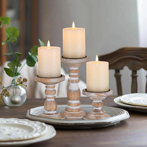 Venta de fábrica portavelas de pilar de madera Juego de 3 portavelas de madera de mango blanco rústico para velas de pilar para decoración del hogar - Product Image 6
