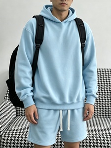 Ensemble sweat à capuche et short bleu clair pour homme, couleur unie, tenue décontractée d'été en molleton tricoté confortable - Product Image 4