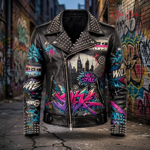 Veste de moto en cuir pour homme, style punk, avec imprimé graffiti, décorations à rivets, fermeture éclair, col rabattu, pour l'automne - Product Image 3