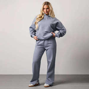 Ensemble de survêtement oversize pour femme, bleu brume, coupe décontractée, comprenant un sweat à capuche et un pantalon de jogging à jambe droite, 2 pièces, pour le quotidien et l'entraînement - Product Image 1