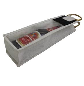 Sac à vin personnalisé avec logo brodé, poignée en bois, fenêtre d'affichage avant pour boutique de vin, fabriqué en jute durable - Product Image 3