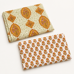 Orange Floral Hand Block Printed Cotton Fabric <b>Set</b> with Mughal Motif Pattern for Dress Material Suit Dupatta <b>Sewing</b> Craft Textil - Product Image 2