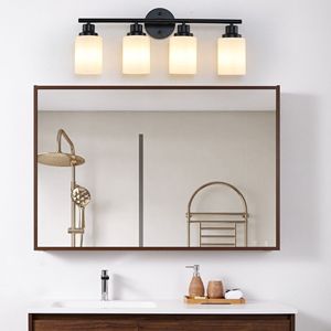 Specchio da Bagno Moderno a 4 Luci da 24 Pollici con Vetro Smerigliato Bianco e Cornice in Ferro Nero, Applique da Parete Contemporanea per Camera da Letto - Product Image 1