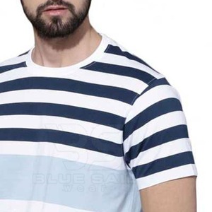 T-shirt à manches courtes rayé pour homme, col rond, coupe classique, style décontracté, tissu tricoté, motif bleu et blanc - Product Image 6