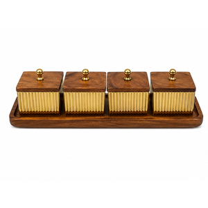 Ensemble de bols à dattes en métal cannelé et bois de luxe avec plateau de service, organisateur de table fait main et bol à fruits secs pour la décoration de cuisine - Product Image 1