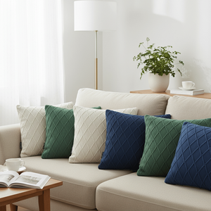 SOGA 6PC 45cm Diamond Cable Knit Pillow Covers Set-2 Forest Green 2 Navy Blue and 2 <b>Cream</b> for Living Room <b>Sofas</b> - Product Image 2