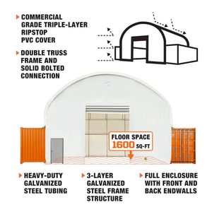 Container Shelter 40FT X 40FT con Struttura a Doppio Traliccio, Rivestito in PVC Resistente da 21 oz, con Pareti Frontali e Posteriori Completamente Chiuse, TMG Shed Storage - Product Image 4
