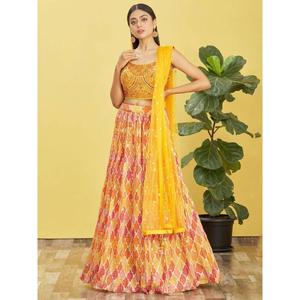<b>Charming</b> Yellow Embroidered Work Chinon Engagement Lehenga Choli - Product Image 6
