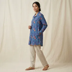 <b>Women</b> Blue Floral Printed Cotton <b>Kurta</b> Shirt Collar Full Sleeve Loose Fit Casual Tunic Top Ethnic Everyday Wear Elegant Outfit - Product Image 5