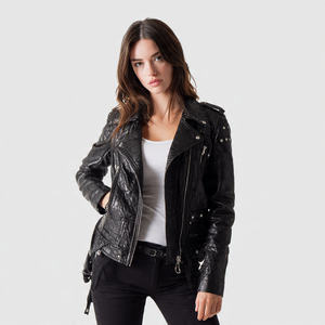Veste en cuir véritable pour femme, style motard, col montant, pour l'hiver - Product Image 5