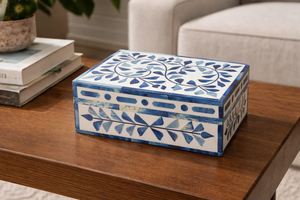 Handmade Diamond Pattern Bone Inlay Bath <b>Set</b> Square Ceramic Tissue Box Dispenser Blue <b>White</b> Floral Pattern <b>Bathroom</b> Decor - Product Image 5