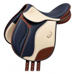 Selle anglaise en cuir artisanal pour l'équitation et l'entraînement, cuir véritable bleu marine et brun, selle de dressage anglaise avec étriers - Product Image 2