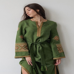 Robe midi tendance en lin et coton vert tissé, col en V, manches longues, coupe évasée, brodée, style vintage, décontractée, pour l'hiver/le printemps, à porter au quotidien - Product Image 1