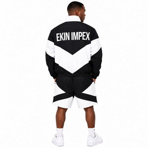 Custom Logo Men's Black <b>White</b> Color Block Windbreaker Jacket and Shorts <b>Set</b> <b>2</b> <b>Piece</b> Streetwear Track Suit - Product Image 4