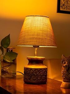 Hand Carved <b>Rustic</b> <b>Table</b> Lamp White Jute Shade Tribal Wooden Pot Base Decorative <b>Bedside</b> Light for Farmhouse Decor - Product Image 1