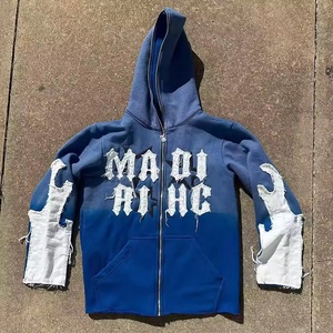 Sudadera con capucha para hombre de felpa francesa con cremallera completa, con logo personalizado, bajo sin rematar, corta, con parches desgastados y lavado ácido - Product Image 1