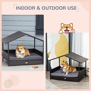 Cuccia Rialzata per Cani in Vimini con Motivo a Righe, Cuccia per Gatti in Rattan PE con Cuscino Grigio e Tettuccio - Product Image 4