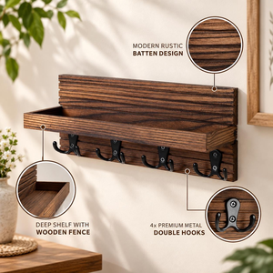 Wooden Wall Mounted <b>Coat</b> <b>Rack</b> with <b>Shelf</b> and Hooks Rustic Entryway Organizer Key Holder Storage <b>Rack</b> Home Decor - Product Image 2