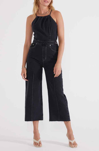Combinaison en jean noire pour femme, taille haute, jambe large, décontractée, d'été, couleur unie, en coton délavé, respirante et écologique - Product Image 5