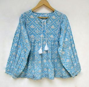 Blusa Boho de Algodón Estampada a Mano para Mujer al por Mayor, Top Peplum de Manga Larga con Estampado Floral, Túnica Casual de Verano, Top de Boutique OEM ODM - Product Image 4