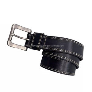 Ceinture décontractée en cuir de grain supérieur durable à double couture pour hommes avec boucle roulante en argent mat massif toutes tailles - Product Image 3