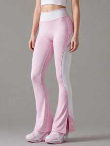 Leggings de yoga évasés taille haute pour femme, color block rose et blanc, avec coutures contrastées et bande latérale - Product Image 5