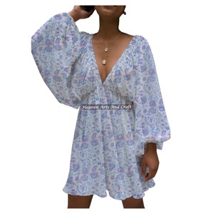 Meilleur Prix Vente Chaude Mode en Gros Robe Lanterne Col V Profond en Tissu Coton Imprimé à la Main 100% pour Mariage Très Demandée - Product Image 1