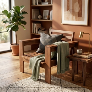 Fauteuil de salon en teck massif, chaise d'appoint à lattes, fauteuil de relaxation individuel artisanal, meuble en bois - Product Image 2