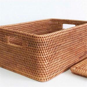 Home Decor Rectangle Rattan Eco-Friendly Storage <b>Basket</b> with 2 Wooden Handles for <b>Shelves</b> - Product Image 6