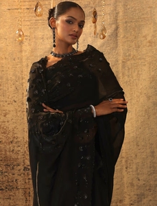 Sari de fiesta KV con borde de seda adornado con cuentas negras, blusa sin coser, sin arrugas, hasta la rodilla - Product Image 5