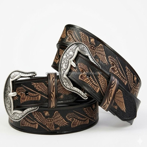 New Arrival Black Full Grain Western <b>Leather</b> <b>Tooling</b> Belt for Men and Women With Floral Hand Carved <b>Tooled</b> <b>Leather</b> Belt - Product Image 1
