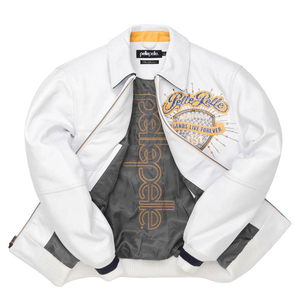 Direct Factory Men's White PU Bomber <b>Jacket</b> Embroidered Logo Front Turn-down Collar Zipper Closure Casual Style Letterman <b>Jacket</b> - Product Image 2
