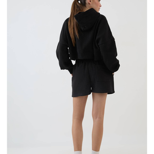 Wholesale Women Crop Hoodie And Shorts Set Custom Logo Premium Fleece Two Piece <b>Tracksuit</b> Manufacturer - Product Image 3