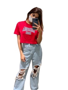 T-shirts courts personnalisés 2026 pour filles, avec strass, impression sérigraphiée, col et poignets contrastants, vente en gros - Product Image 6