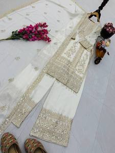Elegante Conjunto de Kurta de Seda Chinon Blanca con Bordado Dorado para Mujer, Ropa Tradicional Étnica para Bodas y Fiestas, de Secado Rápido y Sin Arrugas - Product Image 5