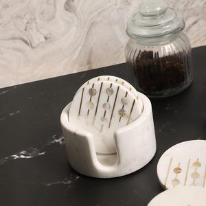 Marble Coasters <b>Set</b> of <b>4</b> with Holder Pearl & Brass Inlay <b>Dining</b> <b>Table</b> Coasters <b>for</b> Hot Pots Coffee Mugs Decorative Home Decor - Product Image 4