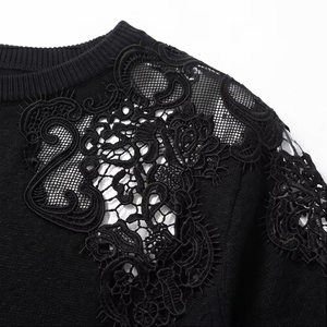 Suéter de Mujer con Detalle de Encaje Negro, Manga Larga, Cuello Redondo, Blusa de Punto para Uso Diario - Product Image 2