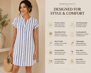 Robe chemise midi d'été pour femme, élégante et décontractée, à rayures, col montant, boutonnée sur le devant, manches courtes amples, tissée, imprimé numérique - Product Image 2