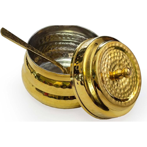 Exquisite hammered brass <b>pot</b> featuring a glossy polished finish on a woven base. Available at wholesale price. - Product Image 4