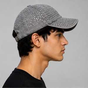 Casquette unisexe grise en toile de coton respirante et imperméable, à 6 panneaux, avec strass, réglable et à fermeture snapback, pour le sport et les loisirs - Product Image 3