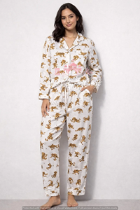Hand-Block Printed Leopard Motif Knitted Cotton Eco-Friendly Breathable Women's Pajama Set Elegant White Full-Sleeve Button-<b>Down</b> - Product Image 1