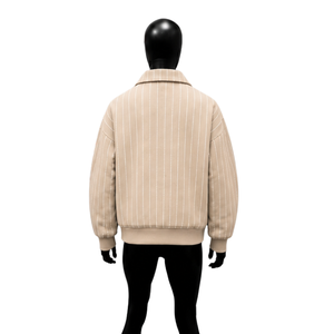 Chaqueta Varsity de Lana con Rayas Beige Personalizada para Hombre, Chaqueta Bomber con Puños Acanalados, Cierre de Botones, Ropa de Calle de Invierno, Venta al Por Mayor, Corte Casual - Product Image 2