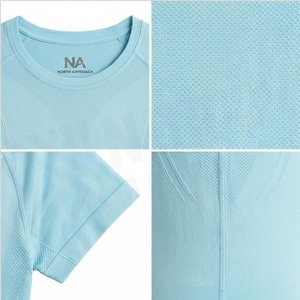 T-shirt de yoga sans couture à manches courtes et col rond bleu clair pour femme NA, respirant, couleur unie, vêtements de sport - Product Image 4