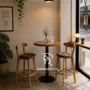 Bar Set Round Wood Table <b>With</b> Slat <b>Back</b> <b>Stools</b> Midcentury Modern Design For Home Bar Commercial Use - Product Image 2