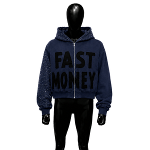 Sweat à capuche zippé bleu marine pour homme, motif graphique Fast Money, en polaire oversize avec manches ornées de strass, style streetwear décontracté, manches classiques - Product Image 1