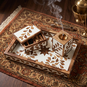 Handcrafted Wooden Arabic Incense Burner Set With Elegant Floral Leaf Inlay, <b>Matching</b> Tray, Storage <b>Box</b> And Brass Cup Accent - Product Image 6