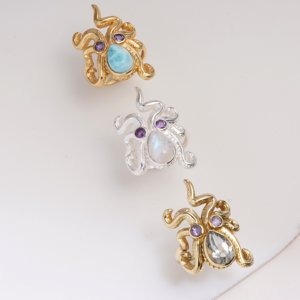 Electroplated Brass Octopus <b>Ring</b> Multi Gemstone <b>Statement</b> <b>Ring</b> Ocean Inspired Handmade Designer Women Jewelry - Product Image 2