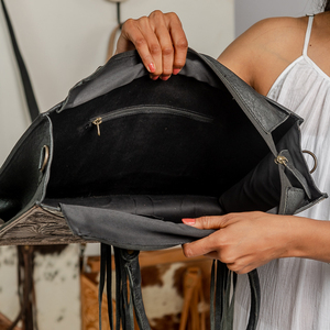 Hottest Selling Cowhide Fur Leather Fringe <b>Bag</b> Women Tooled Carving Floral Pattern Handbag <b>Boho</b> Style Leather Shoulder <b>Bag</b> - Product Image 5