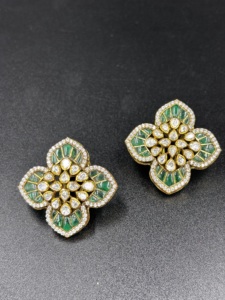 Luxury Flower <b>Stud</b> Earrings Gold plated Women's Wedding Jewelry green in color with polki in middle - Product Image 2