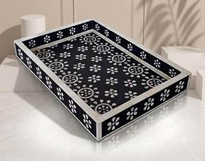 Manufacturer Handcrafted Bone Inlay Serving <b>Tray</b> with Black & White Floral Pattern Used for Table Top Decoration and Serving - Product Image 6